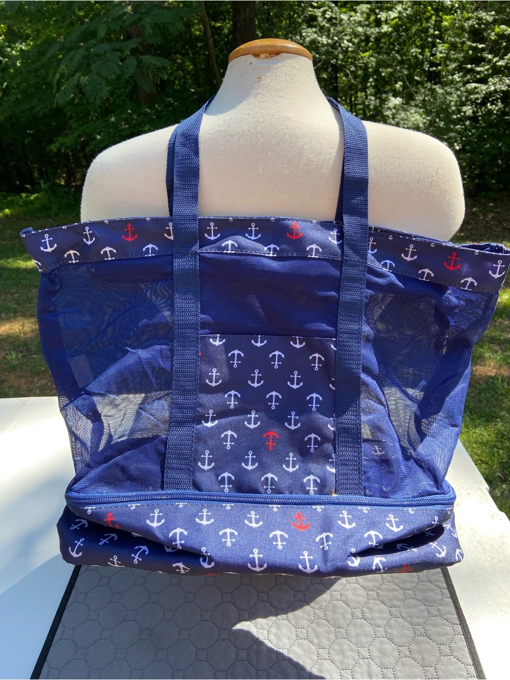 Navy Anchor Print Mesh Beach Tote - Navy & White
